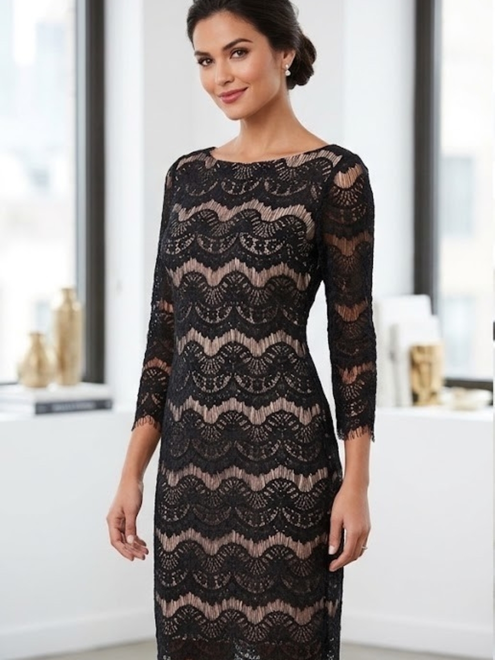 Jessica Howard Black Lace Long-Sleeve Sheath Dress with Nude Lining